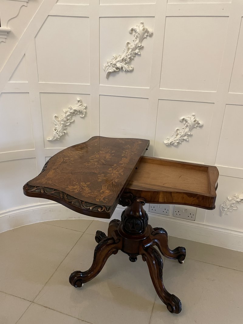 Exceptional Quality Antique Victorian Burr Walnut Inlaid Floral Marquetry Card/Console Table - Image 3